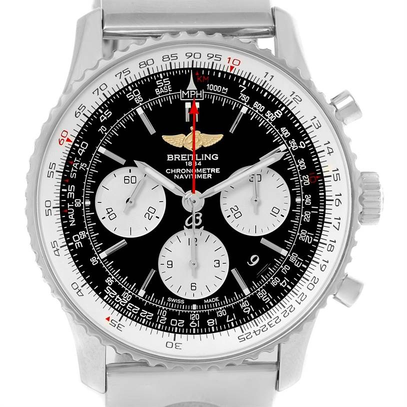 This image shows the face and bezel of a Breitling Navitimer AB0120 Men
s Stainless Steel Black Dial AB0120 Men
s Stainless Steel Black Dial watch, displaying its chronograph sub-dials and slide rule bezel.