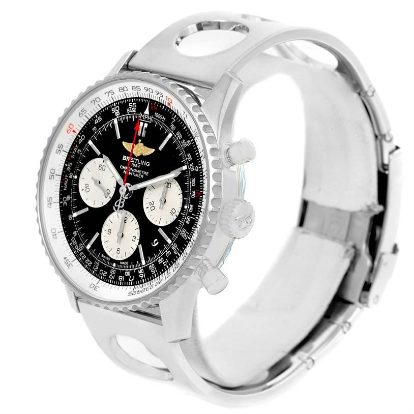 The image shows a Breitling Navitimer AB0120 Men
s Stainless Steel Black Dial AB0120 Men
s Stainless Steel Black Dial watch at a three-quarter angle, displaying the face, bezel, and part of the band.