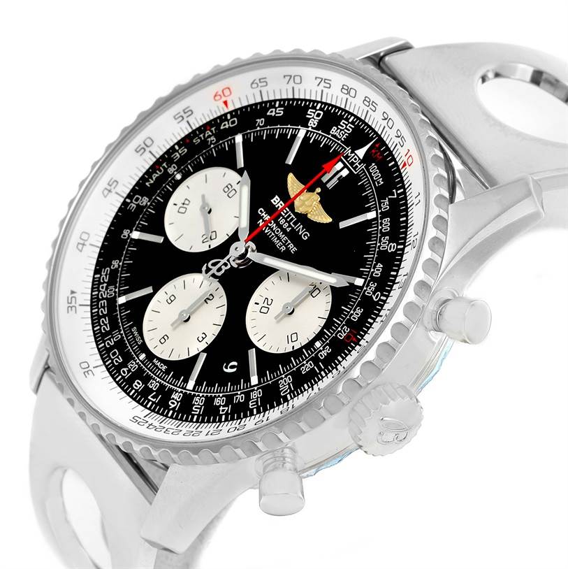 This image shows a Breitling Navitimer AB0120 Men
s Stainless Steel Black Dial AB0120 Men
s Stainless Steel Black Dial watch in an angled close-up, highlighting the face, bezel, pushers, and part of the strap.