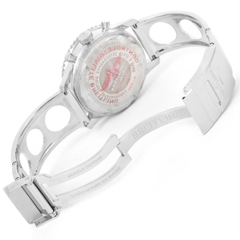 The image shows the back and clasp of a Breitling Navitimer AB0120 Men
s Stainless Steel Black Dial AB0120 Men
s Stainless Steel Black Dial watch, highlighting the transparent case back and the metal bracelet.