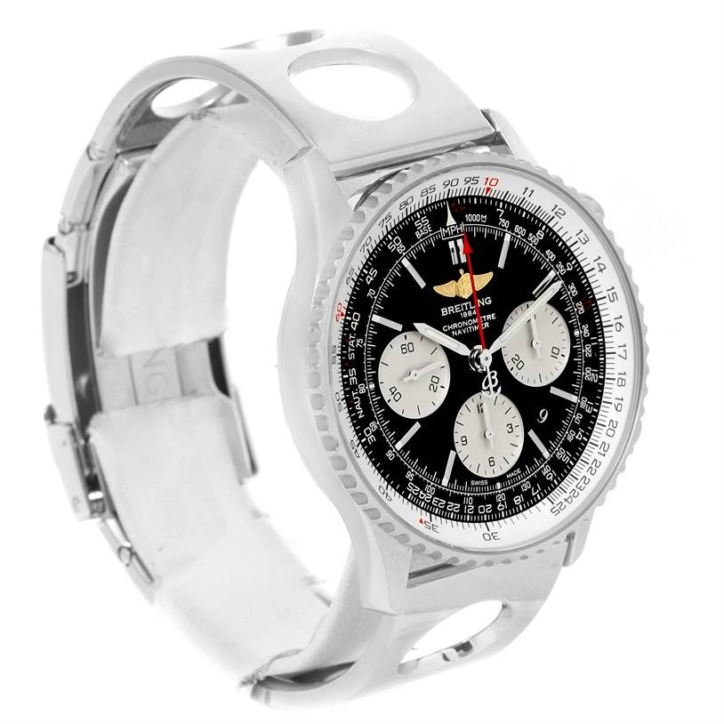 The image shows a side angle of a Breitling Navitimer AB0120 Men
s Stainless Steel Black Dial AB0120 Men
s Stainless Steel Black Dial watch focusing on its bezel, dial, and partially visible strap.