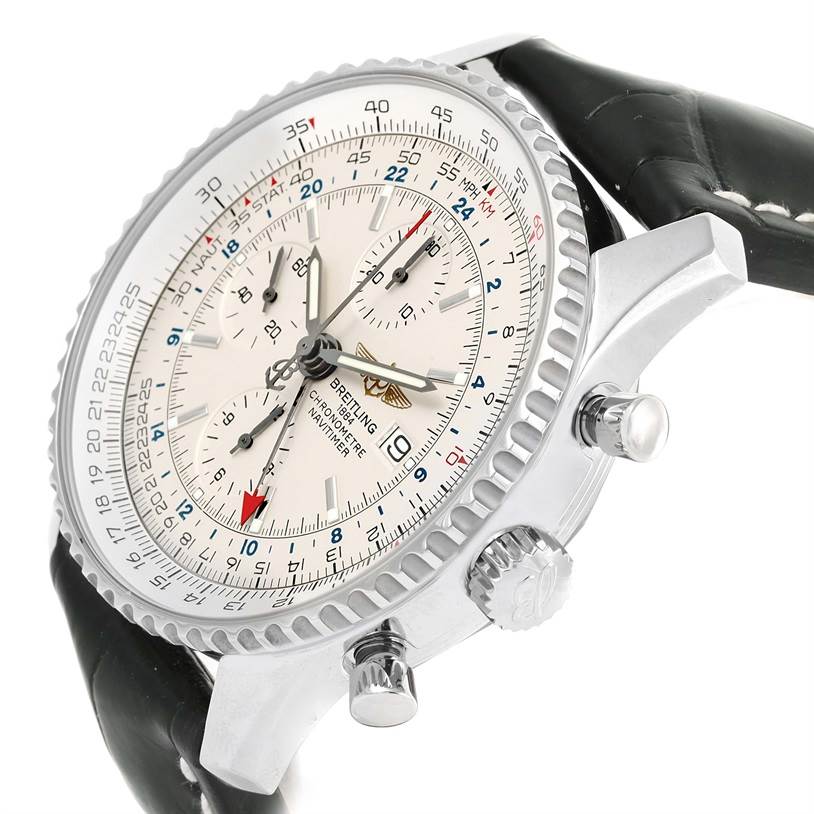 The image shows a side-angle view of a Breitling Navitimer A24322 Men
s Stainless Steel Silver Dial A24322 Men
s Stainless Steel Silver Dial watch, highlighting the dial, bezel, crown, and pushers.