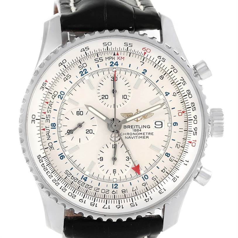 The image shows a front angle of the Breitling Navitimer A24322 Men
s Stainless Steel Silver Dial A24322 Men
s Stainless Steel Silver Dial watch, highlighting its dial, chronograph subdials, and bezel with a black leather strap.