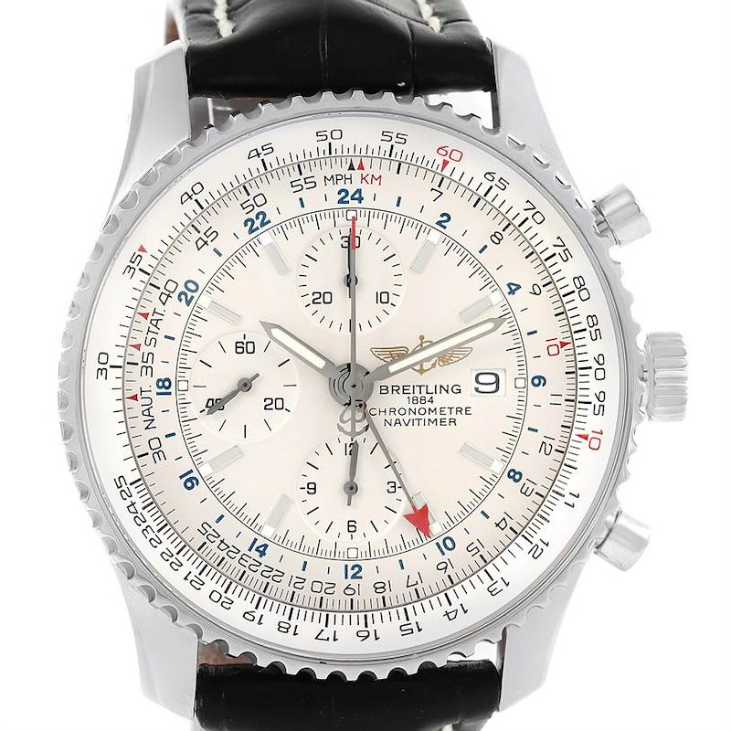 The image shows a front angle of the Breitling Navitimer watch, highlighting its dial, chronograph subdials, and bezel with a black leather strap.