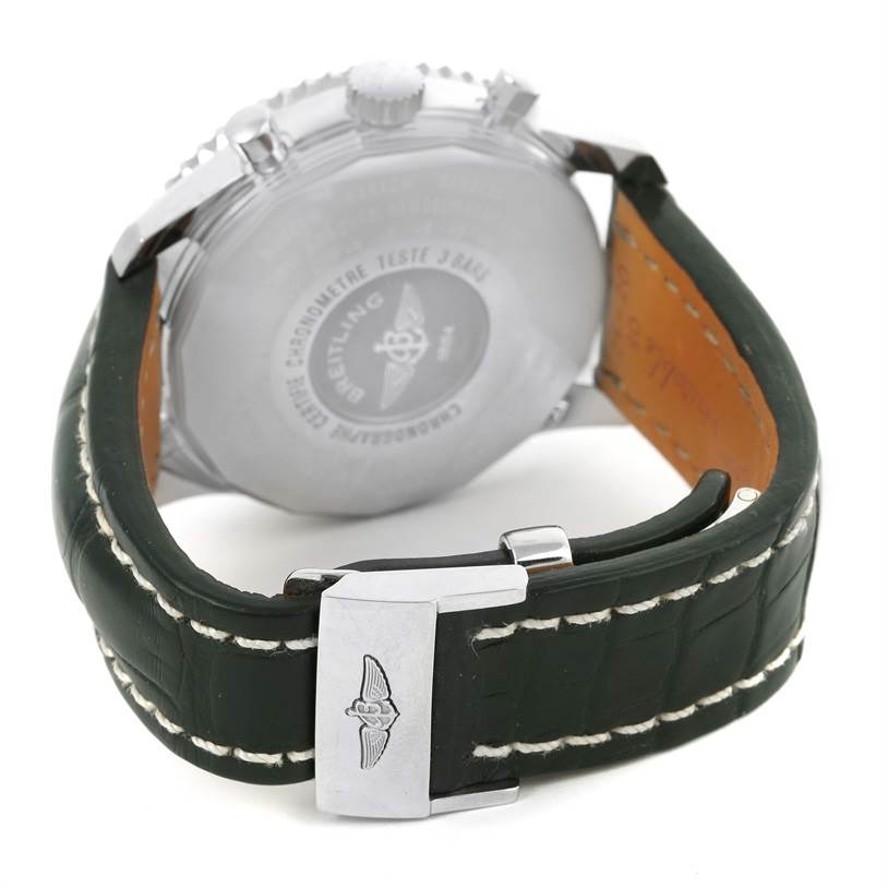 This image shows the back view of a Breitling Navitimer A24322 Men
s Stainless Steel Silver Dial A24322 Men
s Stainless Steel Silver Dial watch, highlighting its case back and leather strap with the buckle.
