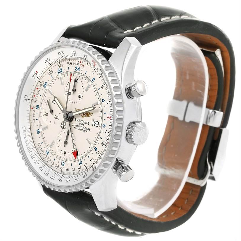 This image shows a side view of the Breitling Navitimer A24322 Men
s Stainless Steel Silver Dial A24322 Men
s Stainless Steel Silver Dial watch, focusing on the dial, bezel, crown, pushers, and leather strap.