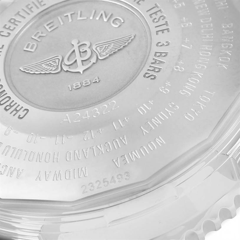 This image shows a close-up view of the case back of a Breitling Navitimer A24322 Men
s Stainless Steel Silver Dial A24322 Men
s Stainless Steel Silver Dial watch, highlighting its engraved details.