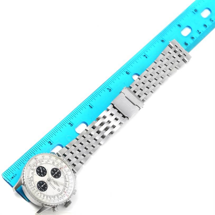 The image shows a Breitling Navitimer A13330 Men's Stainless Steel Silver Dial A13330 Men's Stainless Steel Silver Dial watch at a slight angle, displaying its face, metal bracelet, and clasp, alongside a ruler.