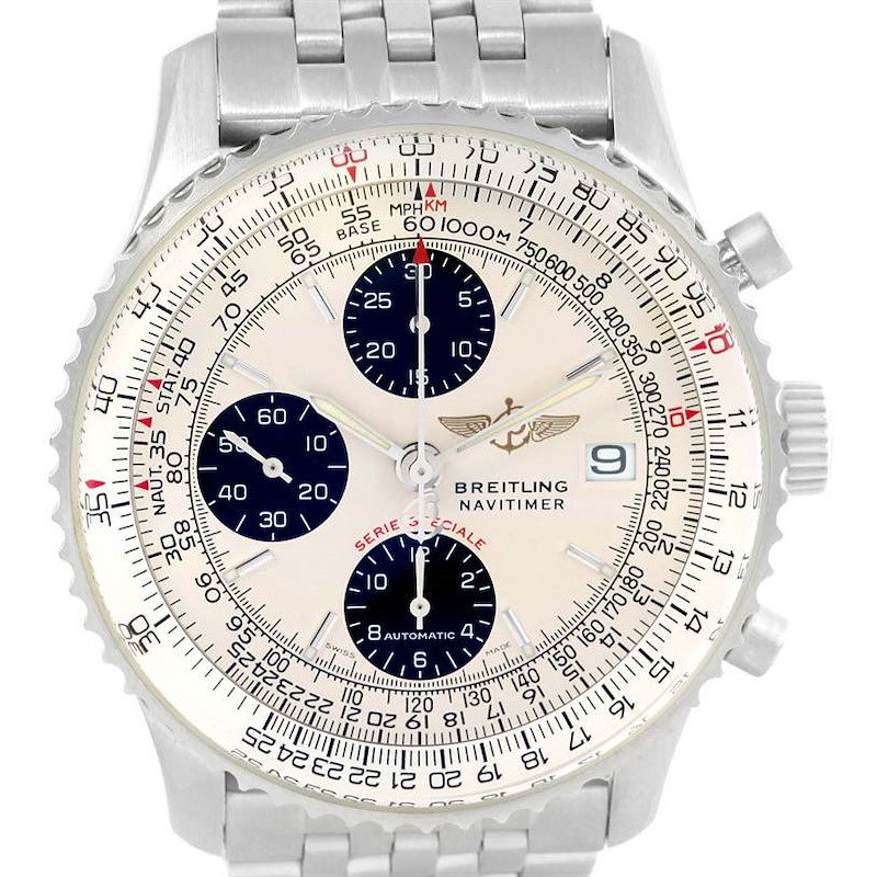 The image shows a close-up view of the Breitling Navitimer watch, displaying the dial, sub-dials, bezel, and part of the metal bracelet.