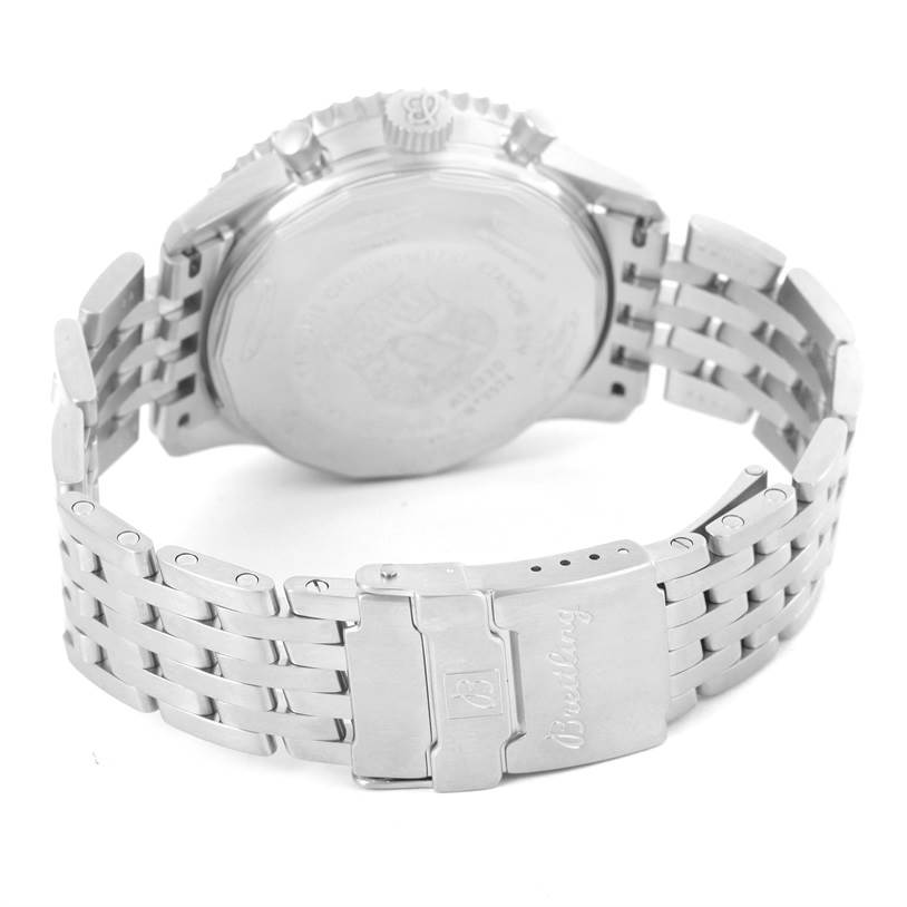 The image shows the back and clasp of the Breitling Navitimer A13330 Men's Stainless Steel Silver Dial A13330 Men's Stainless Steel Silver Dial watch from a rear angle.