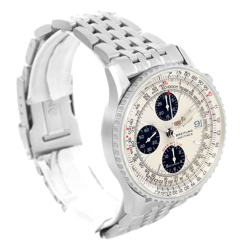 The image shows a Breitling Navitimer A13330 Men's Stainless Steel Silver Dial A13330 Men's Stainless Steel Silver Dial watch from a three-quarter angle, highlighting the face, bezel, and part of the bracelet.