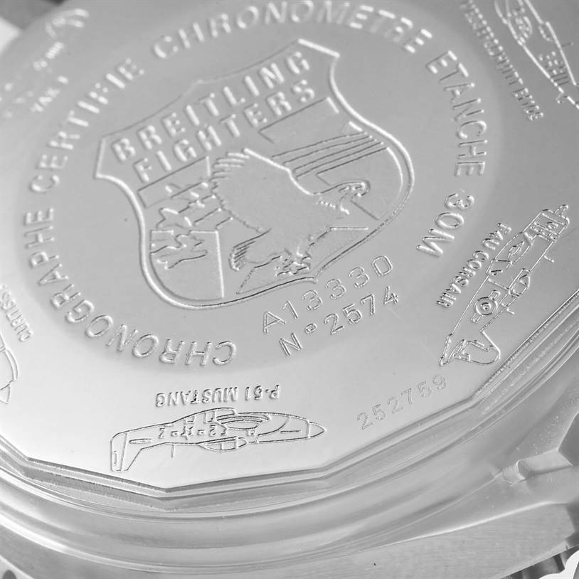 This image shows the engraved case back of a Breitling Navitimer A13330 Men's Stainless Steel Silver Dial A13330 Men's Stainless Steel Silver Dial watch, highlighting details including text, numbers, and logos.