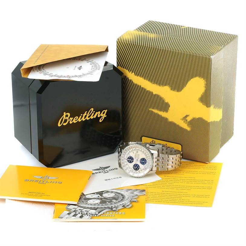 The image shows a Breitling Navitimer A13330 Men's Stainless Steel Silver Dial A13330 Men's Stainless Steel Silver Dial watch with its box, manuals, and packaging viewed from a front angle.