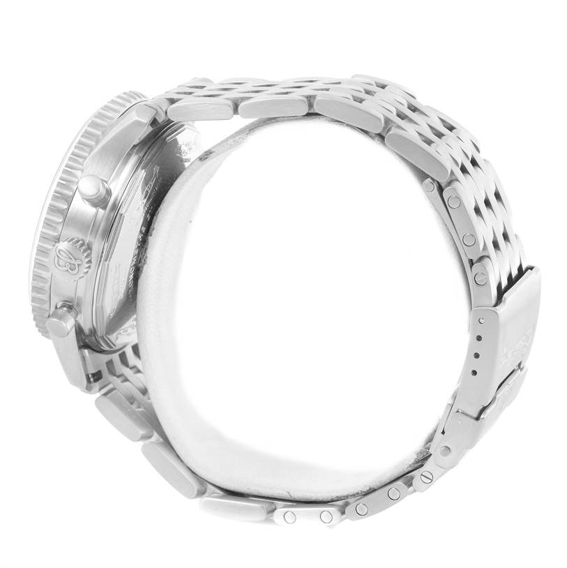 The image shows a side view of the Breitling Navitimer A13330 Men's Stainless Steel Silver Dial A13330 Men's Stainless Steel Silver Dial watch, highlighting its bezel and bracelet.