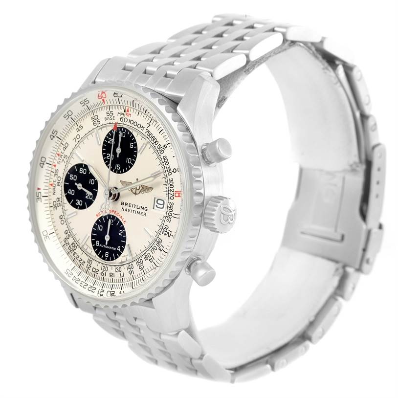 The Breitling Navitimer A13330 Men's Stainless Steel Silver Dial A13330 Men's Stainless Steel Silver Dial watch is shown at an angled side view, displaying the dial, bezel, crown, pushers, and metal bracelet.
