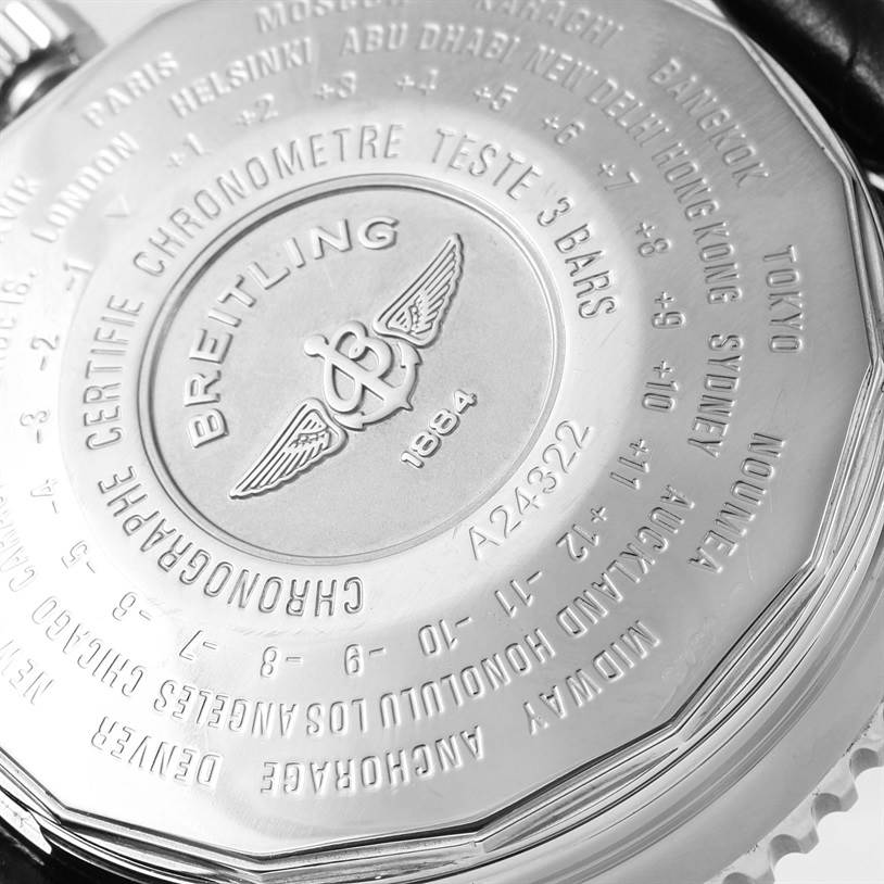 This image shows the engraved case back of a Breitling Navitimer A24322 Men's Stainless Steel Blue Dial A24322 Men's Stainless Steel Blue Dial watch.