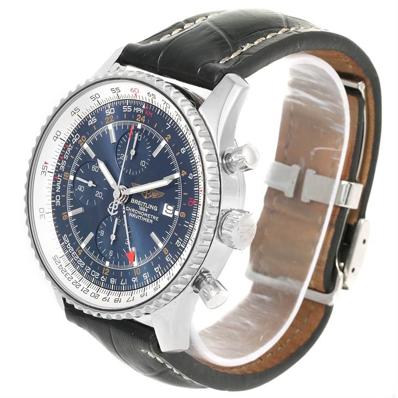 This image shows a side-angle view of a Breitling Navitimer A24322 Men's Stainless Steel Blue Dial A24322 Men's Stainless Steel Blue Dial watch, displaying its dial, bezel, crown, and leather strap.