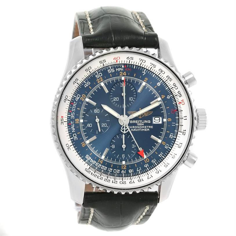 The image shows a front view of a Breitling Navitimer A24322 Men's Stainless Steel Blue Dial A24322 Men's Stainless Steel Blue Dial watch featuring a blue dial, leather strap, and chronograph subdials.