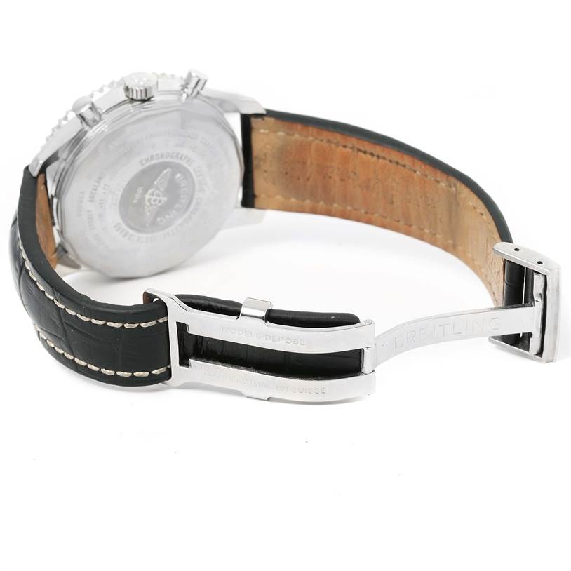 The image shows the backside and strap of a Breitling Navitimer A24322 Men's Stainless Steel Blue Dial A24322 Men's Stainless Steel Blue Dial watch, focusing on the clasp and case back.