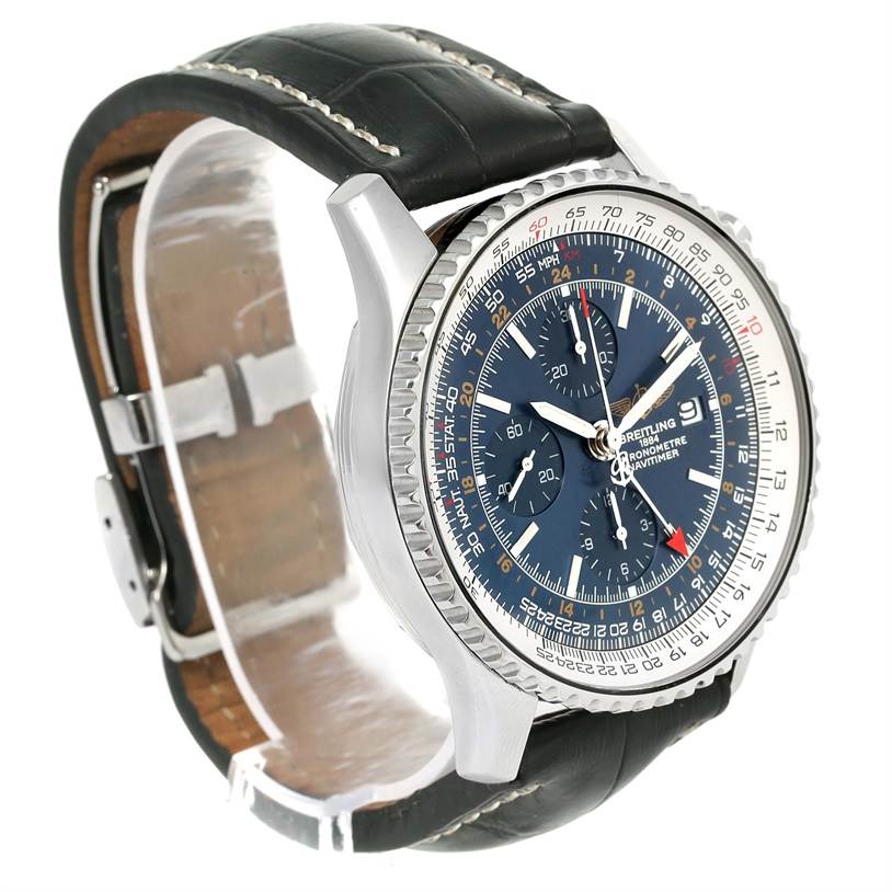 The image shows a Breitling Navitimer A24322 Men's Stainless Steel Blue Dial A24322 Men's Stainless Steel Blue Dial watch from an oblique angle, highlighting its face, bezel, crown, and leather strap.