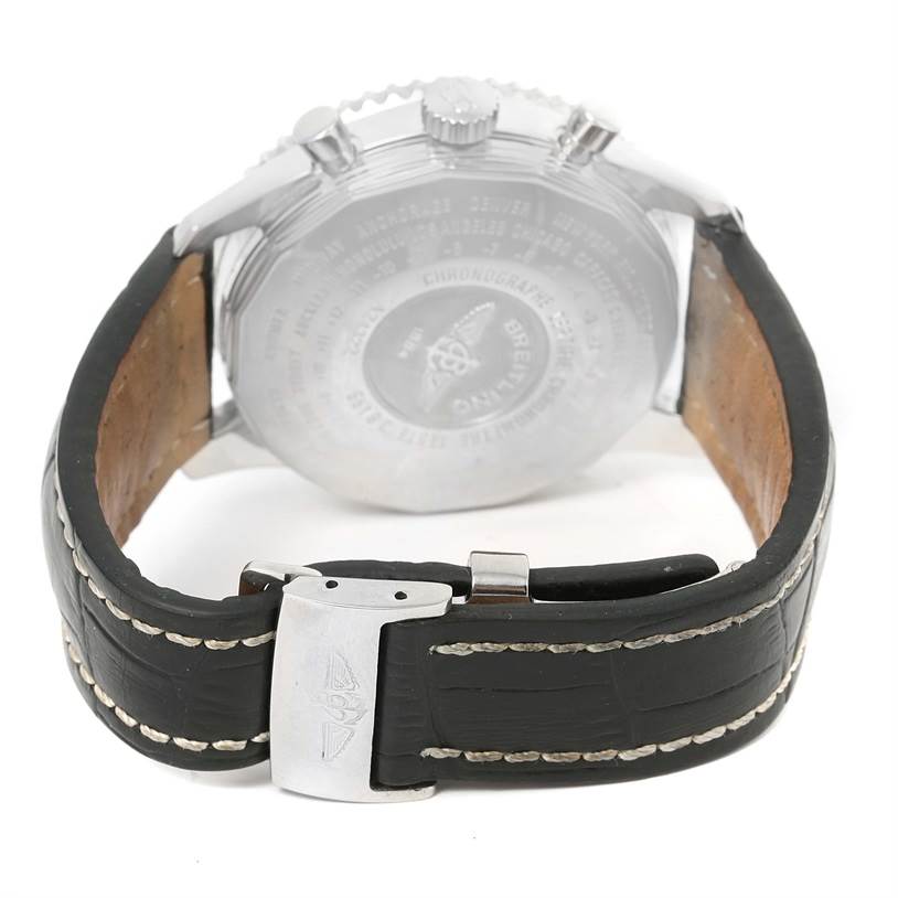 The image shows the back view of a Breitling Navitimer A24322 Men's Stainless Steel Blue Dial A24322 Men's Stainless Steel Blue Dial watch, highlighting the case back and leather strap with buckle.