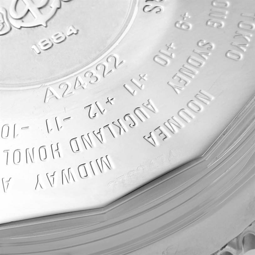 This image shows the back case of a Breitling Navitimer A24322 Men's Stainless Steel Blue Dial A24322 Men's Stainless Steel Blue Dial watch, highlighting its engraved details.