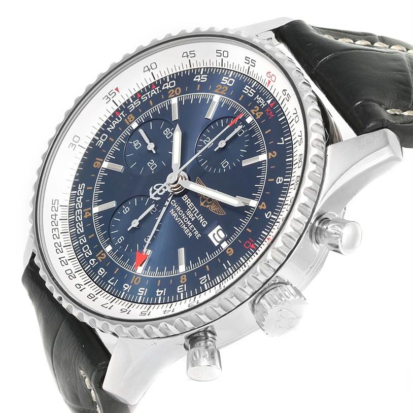 The image shows a Breitling Navitimer A24322 Men's Stainless Steel Blue Dial A24322 Men's Stainless Steel Blue Dial watch angled from the front-right, highlighting the face, bezel, crown, and pushers.
