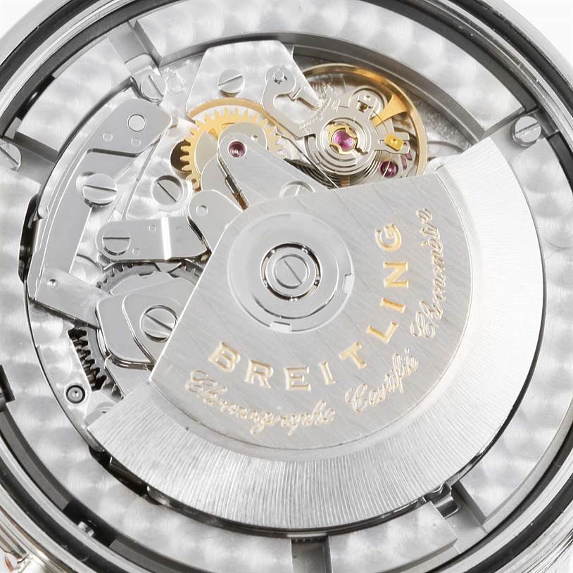 This image shows the internal mechanism of a Breitling Navitimer A24322 Men's Stainless Steel Blue Dial A24322 Men's Stainless Steel Blue Dial watch from a close-up angle.