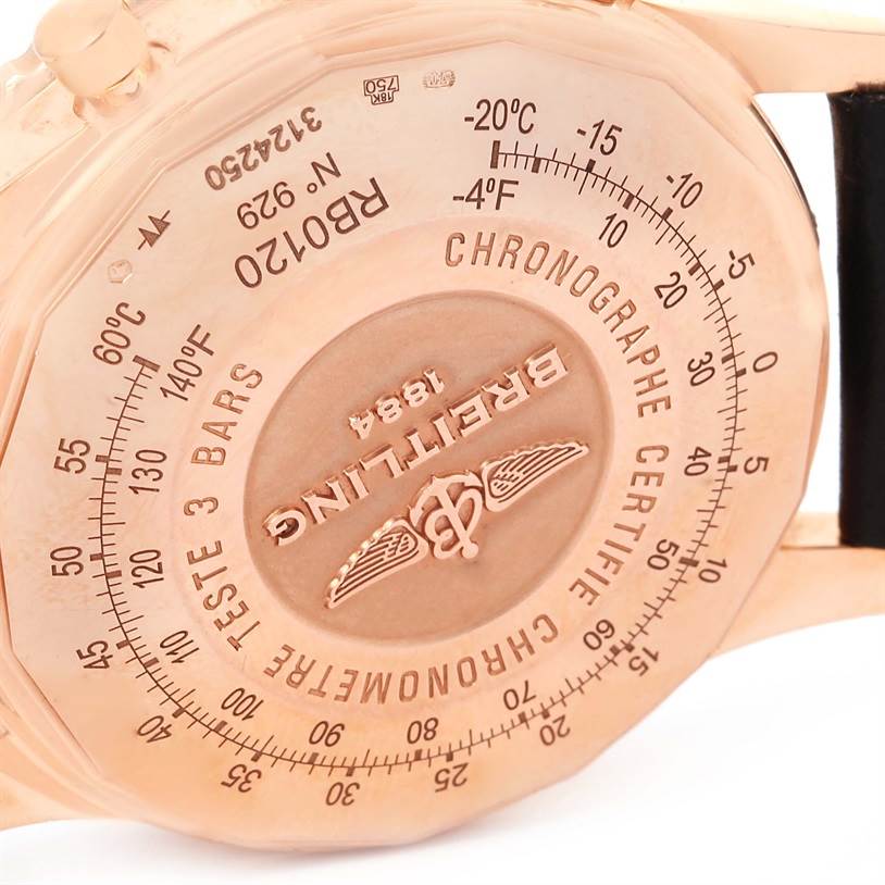 The image shows the back case of a Breitling Navitimer RB0120 Men's Rose Gold Black Dial RB0120 Men's Rose Gold Black Dial watch, featuring engraved details and temperature scales.