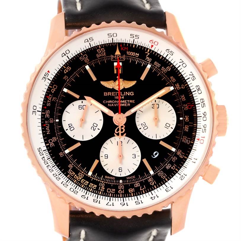 The image shows a front view of a Breitling Navitimer RB0120 Men's Rose Gold Black Dial RB0120 Men's Rose Gold Black Dial watch, highlighting its dial, subdials, bezel, and leather strap.