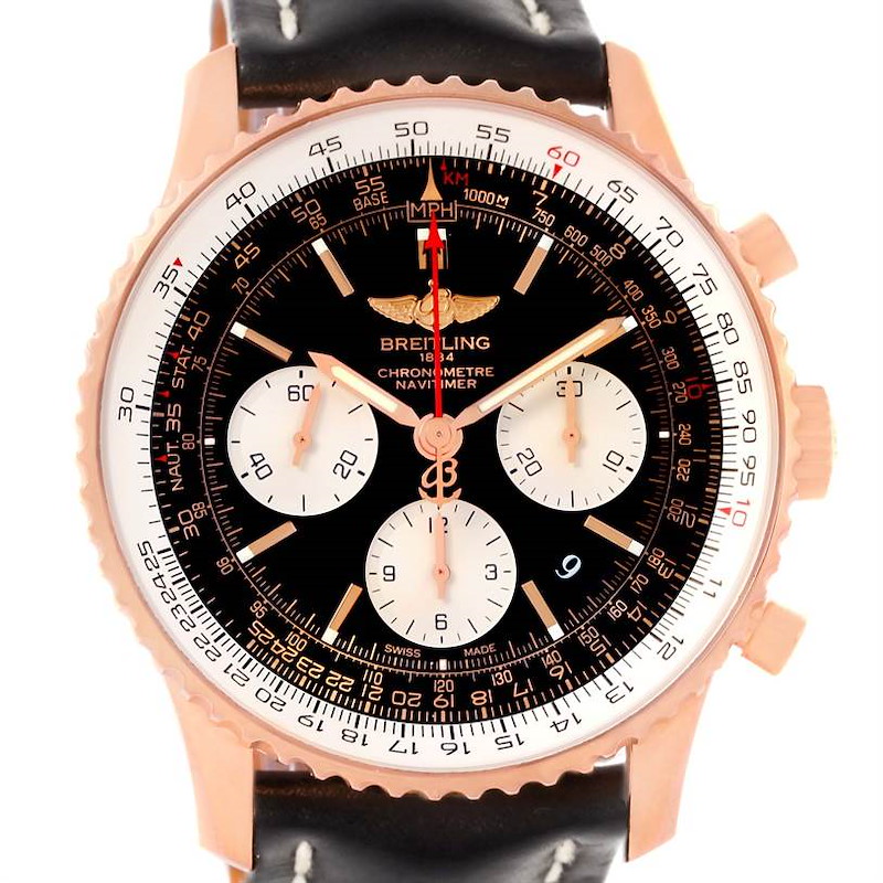 The image shows a front view of a Breitling Navitimer watch, highlighting its dial, subdials, bezel, and leather strap.