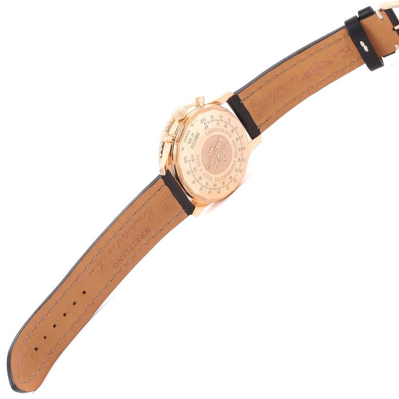 This image shows the back and strap of a Breitling Navitimer RB0120 Men's Rose Gold Black Dial RB0120 Men's Rose Gold Black Dial watch, displaying the case back and leather strap details.