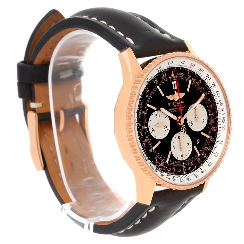 The image shows a Breitling Navitimer RB0120 Men's Rose Gold Black Dial RB0120 Men's Rose Gold Black Dial watch from an angled side view, highlighting the face, bezel, and strap.