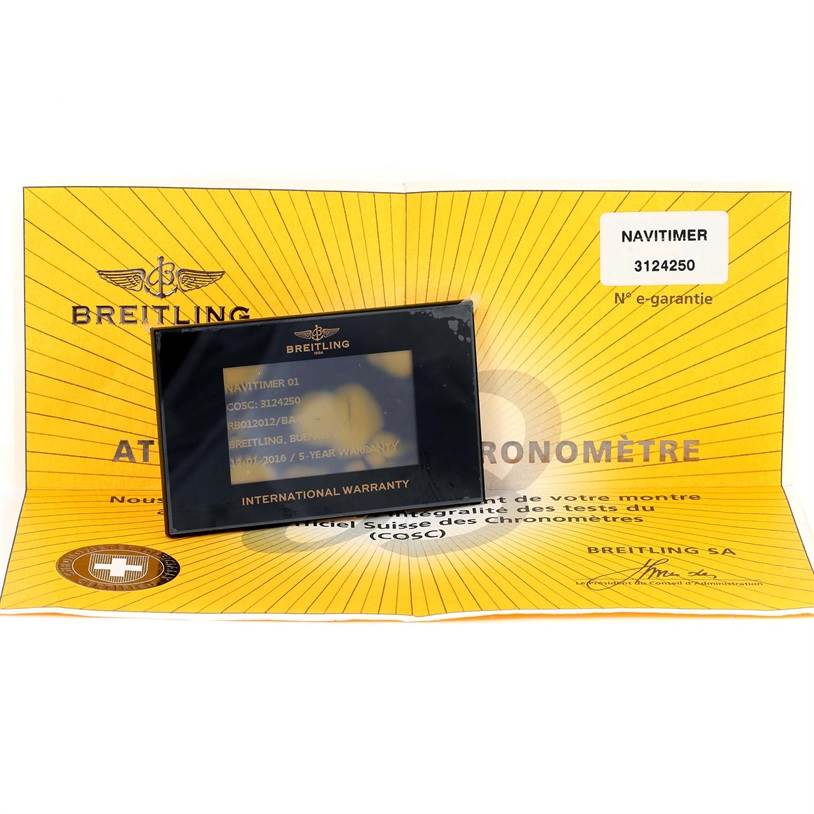 The image shows the warranty card and certificate for the Breitling Navitimer RB0120 Men's Rose Gold Black Dial RB0120 Men's Rose Gold Black Dial watch model.