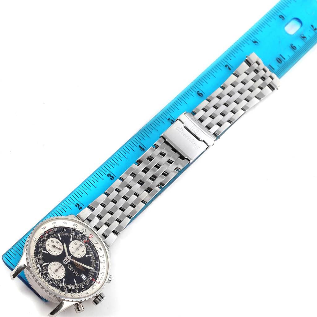 The image shows the Breitling Navitimer A13022 Men's Stainless Steel  A13022 Men's Stainless Steel  watch viewed from above, focusing on the bracelet and partially on the watch face.