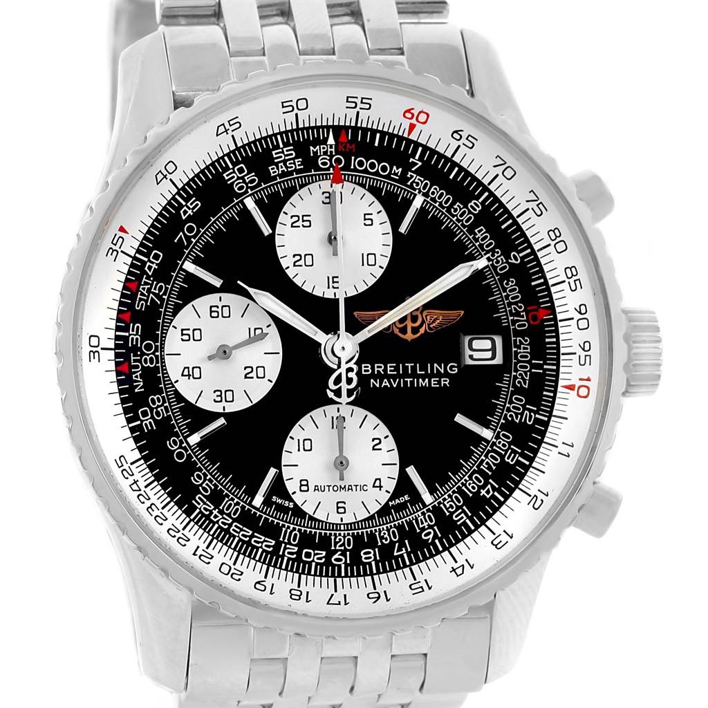 The image shows a frontal view of the Breitling Navitimer A13022 Men's Stainless Steel  A13022 Men's Stainless Steel  watch, highlighting its dial, chronograph, and bezel.