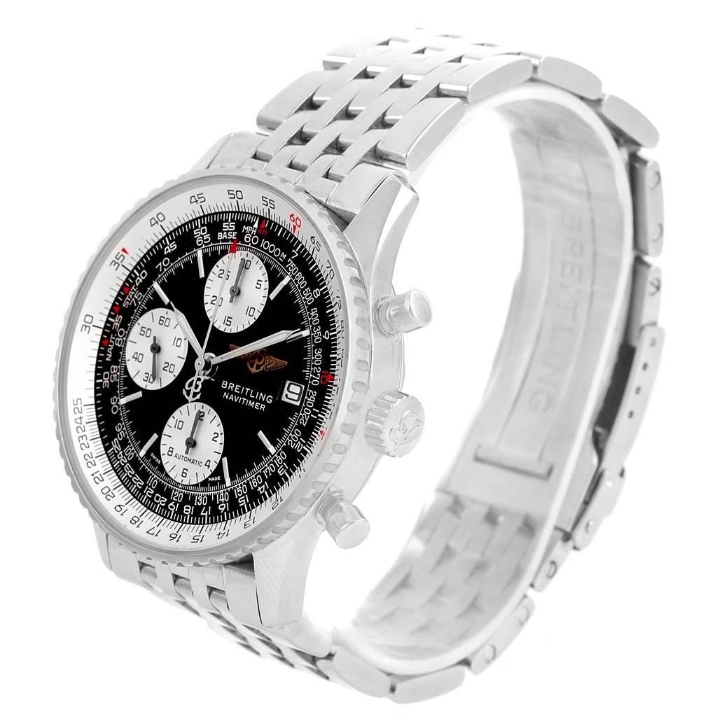 The Breitling Navitimer A13022 Men's Stainless Steel  A13022 Men's Stainless Steel  watch is shown at a three-quarter angle, displaying the dial, bezel, crown, chronograph pushers, and stainless steel bracelet.