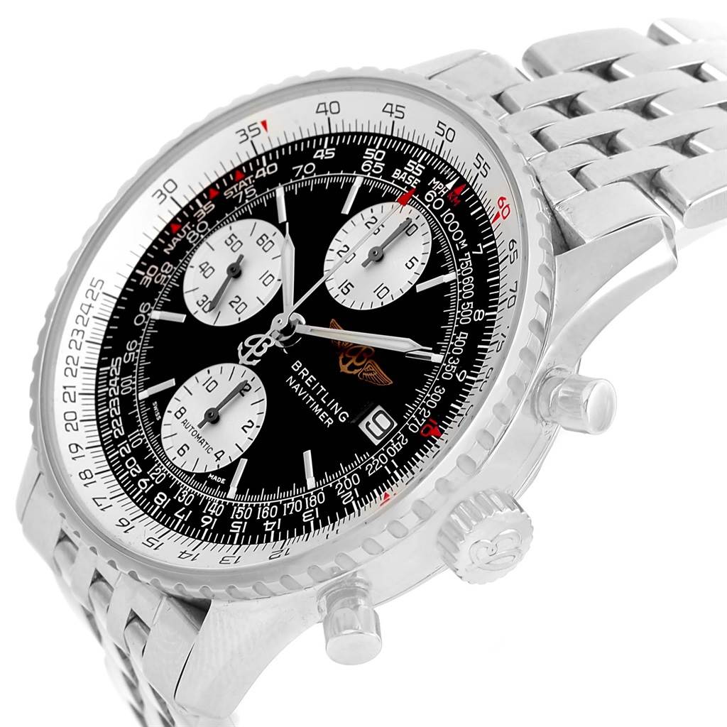The image shows a Breitling Navitimer A13022 Men's Stainless Steel  A13022 Men's Stainless Steel  watch at an angled view, highlighting the dial, bezel, crown, and bracelet.