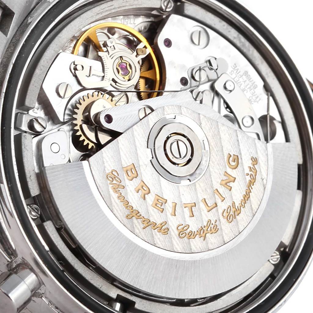This image shows the internal movement and mechanism of a Breitling Navitimer A13022 Men's Stainless Steel  A13022 Men's Stainless Steel  watch from a rear angle.