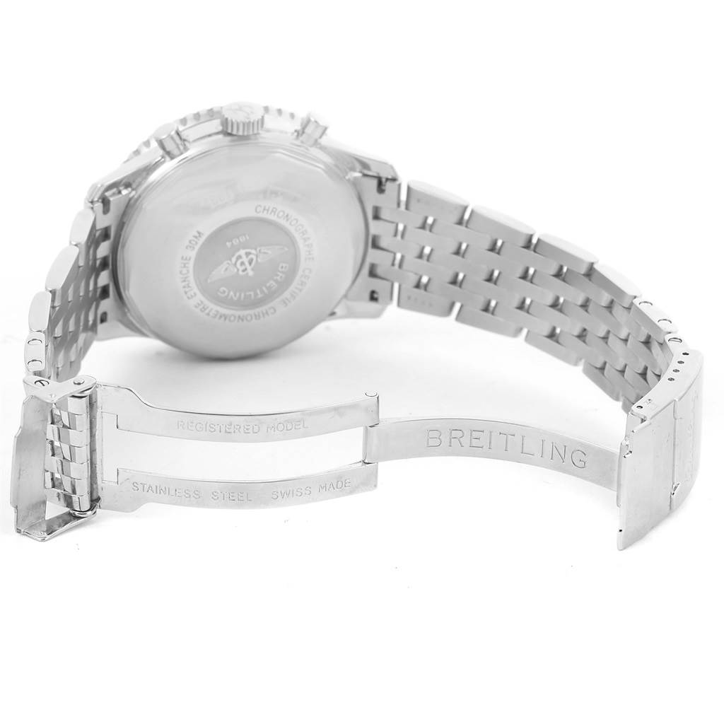 The image shows the back of the Breitling Navitimer A13022 Men's Stainless Steel  A13022 Men's Stainless Steel  watch, highlighting its case back, stainless steel bracelet, and deployment clasp.