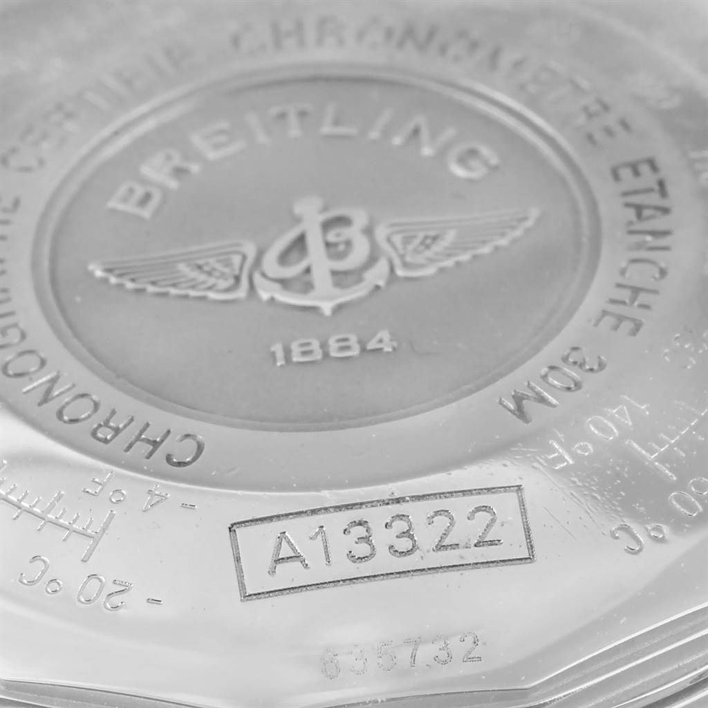 The image shows the back case of a Breitling Navitimer A13022 Men's Stainless Steel  A13022 Men's Stainless Steel  watch, displaying engraved branding and model number A13322.