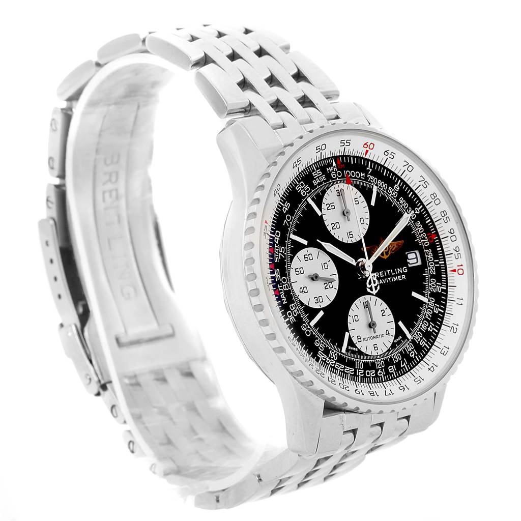 The image shows the front and part of the side view of a Breitling Navitimer A13022 Men's Stainless Steel  A13022 Men's Stainless Steel , highlighting its dial and stainless steel bracelet.