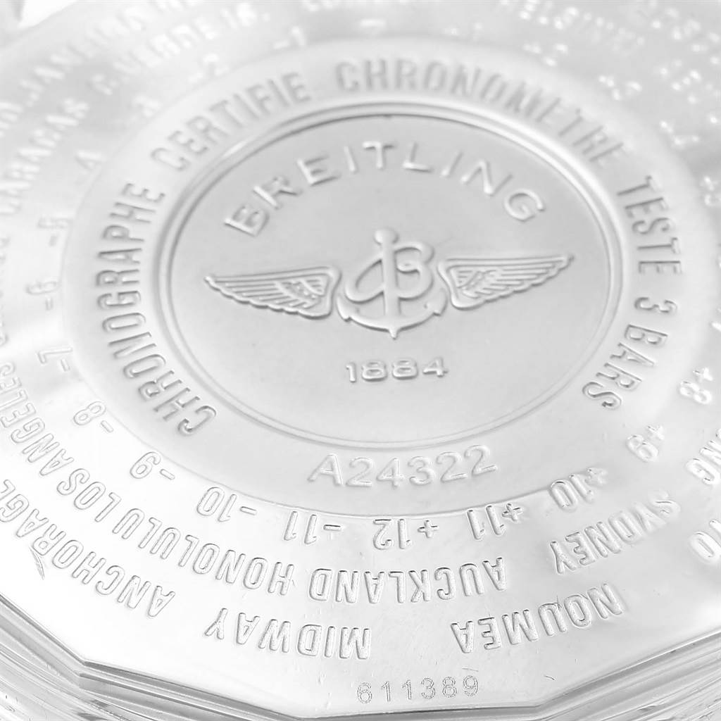 This image shows the back of a Breitling Navitimer A24322 Men's Stainless Steel Silver Dial A24322 Men's Stainless Steel Silver Dial watch, highlighting the engraved brand details and certification marks.