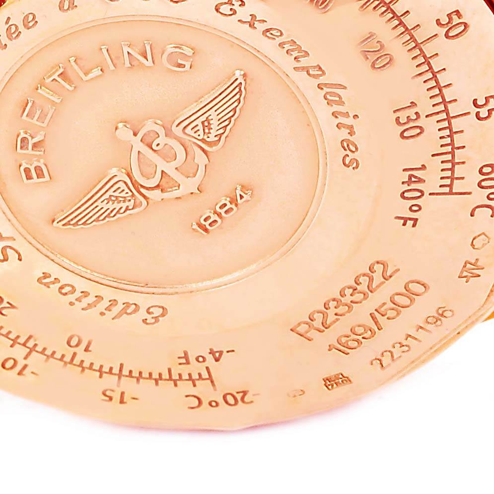 This image shows a close-up of the engraved case back of a Breitling Navitimer R23322 Men's Rose Gold Black Dial R23322 Men's Rose Gold Black Dial watch.