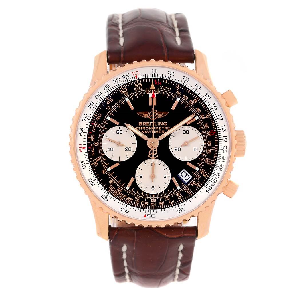 The image shows a Breitling Navitimer R23322 Men's Rose Gold Black Dial R23322 Men's Rose Gold Black Dial watch from a front angle, highlighting its face, bezel, and strap.