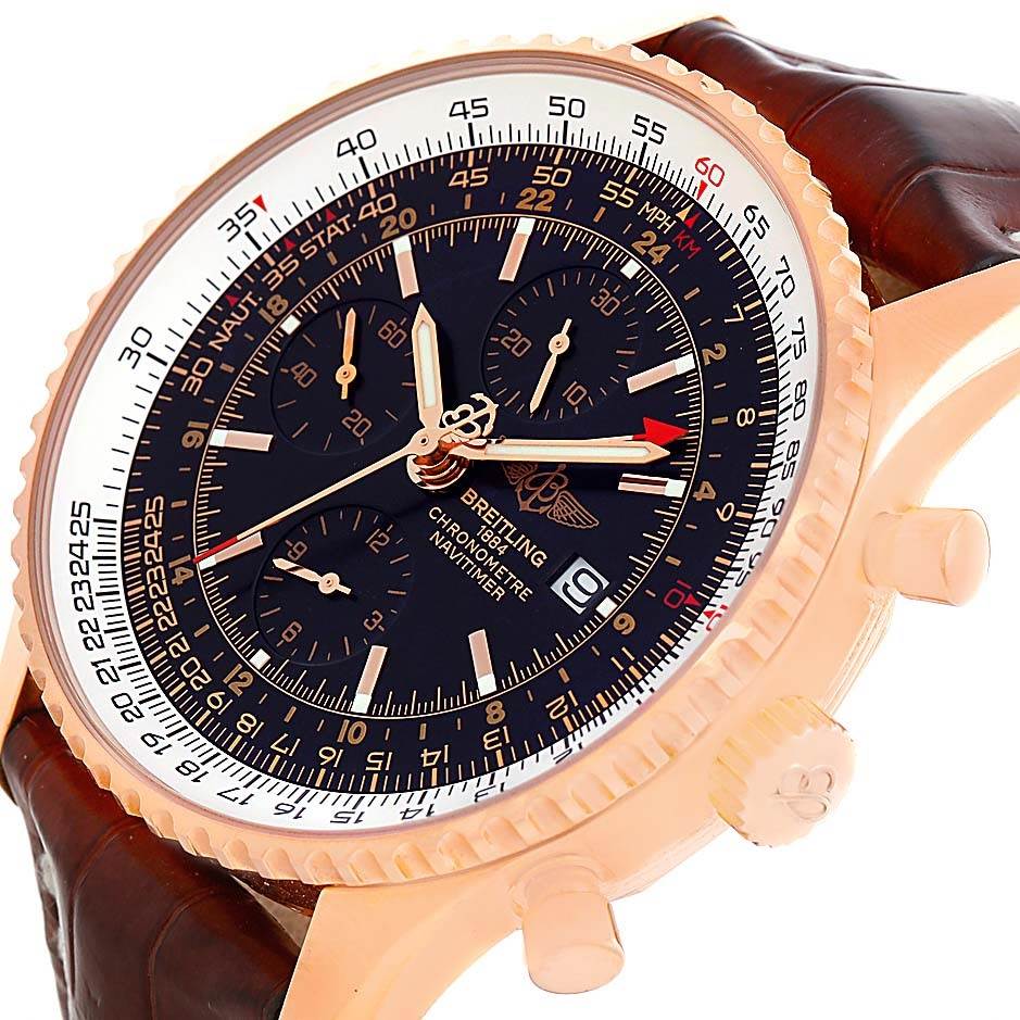 The image shows a close-up angled view of the face and side buttons of a Breitling Navitimer R24322 Men's Rose Gold Black Dial R24322 Men's Rose Gold Black Dial watch with a leather strap.