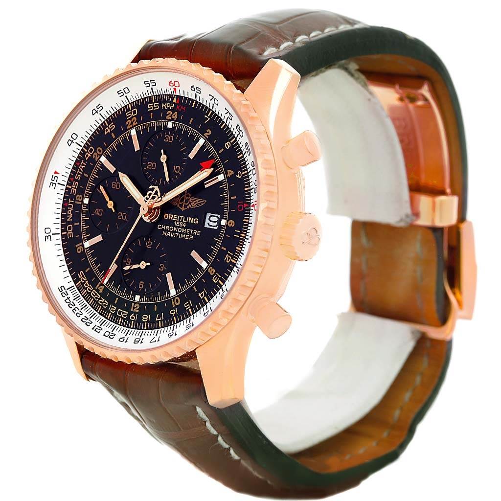 This image shows a side angle of the Breitling Navitimer R24322 Men's Rose Gold Black Dial R24322 Men's Rose Gold Black Dial watch, highlighting its face, bezel, crown, pushers, and leather strap.