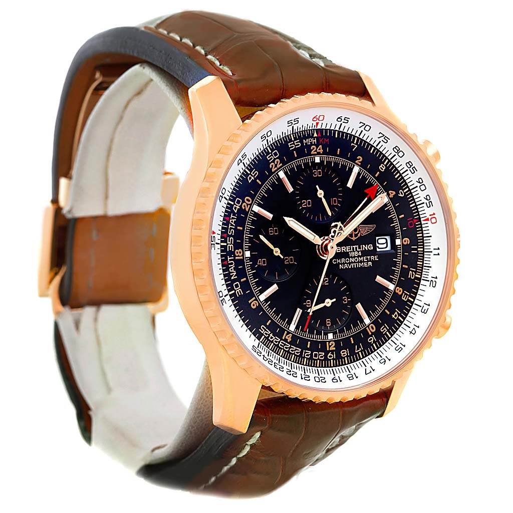 The image shows a Breitling Navitimer R24322 Men's Rose Gold Black Dial R24322 Men's Rose Gold Black Dial watch at a three-quarter angle, highlighting its face, bezel, and leather strap.
