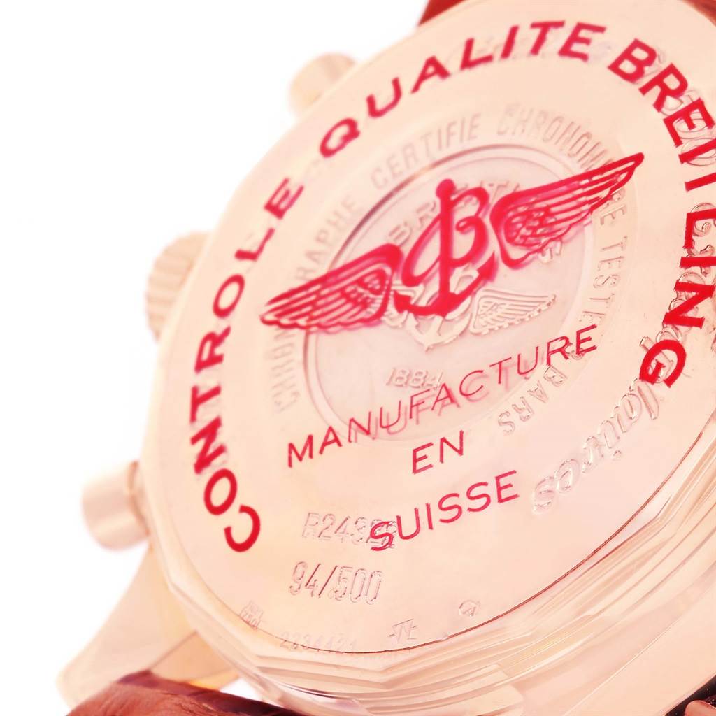 The image shows the back case of a Breitling Navitimer R24322 Men's Rose Gold Black Dial R24322 Men's Rose Gold Black Dial watch, highlighting the brand's logo and quality control text.