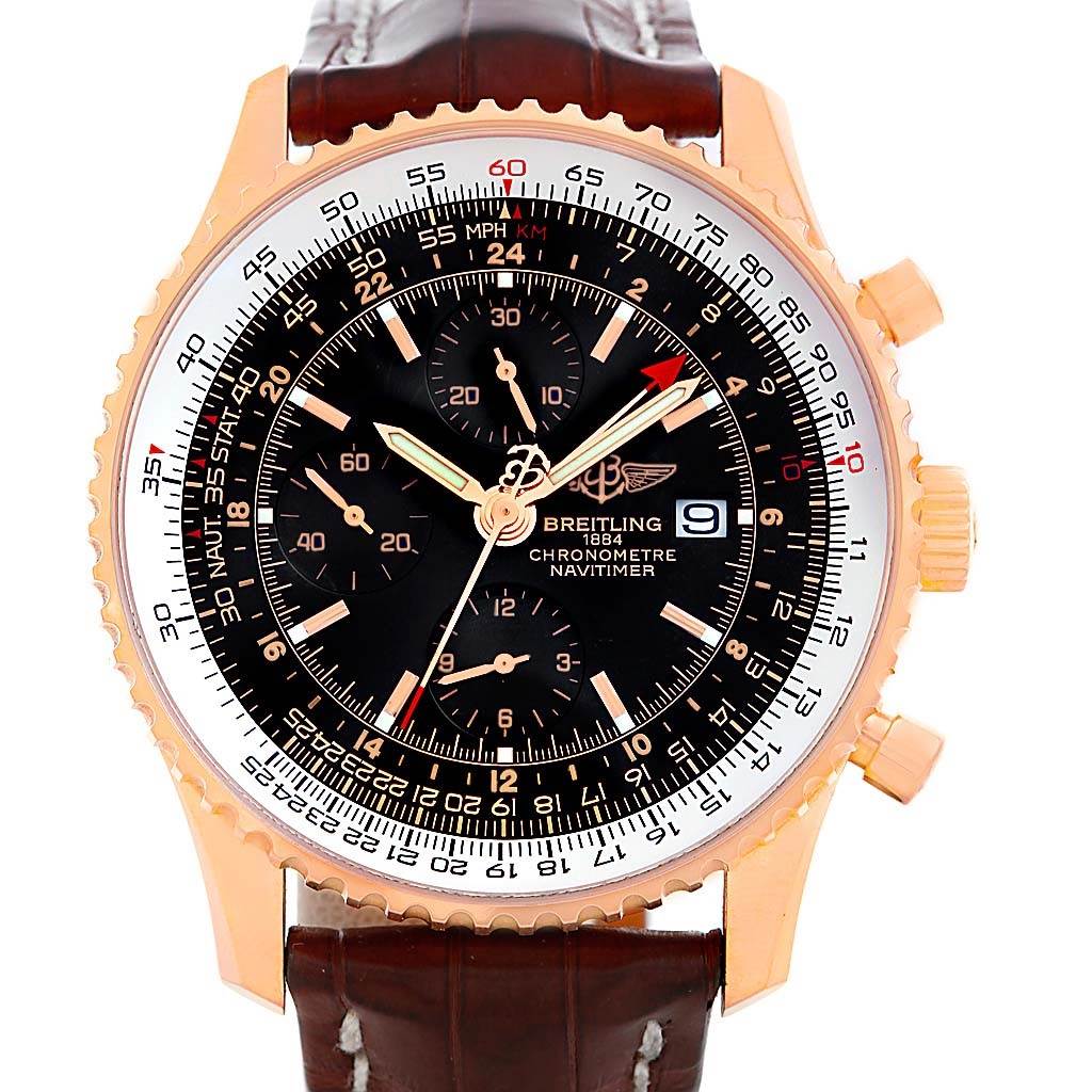 The Breitling Navitimer R24322 Men's Rose Gold Black Dial R24322 Men's Rose Gold Black Dial watch is shown from the front, displaying its dial, subdials, date window, and leather strap.